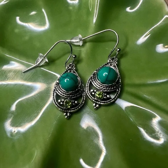 Silver Tone Vintage Style Faux Turquoise Drop Earrings w/ Green Crystals - Picture 2 of 2